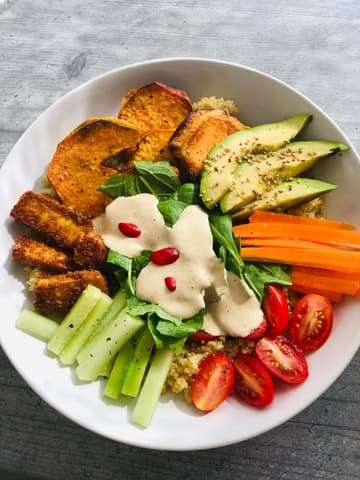 Quinoa Buddha Bowl with Crispy Tofu and Tahini Dressing