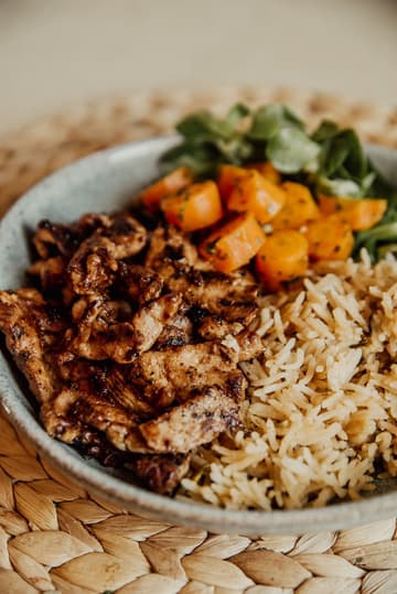 Chicken Shawarma Rice Bowl with Herbed Carrots