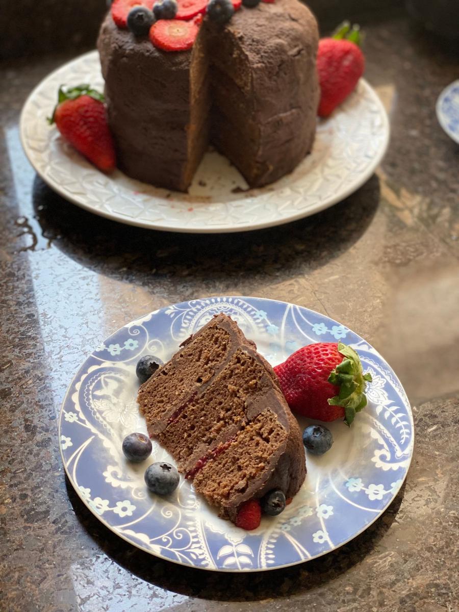 Chocolate Layer Cake with Strawberry Jam and Berries