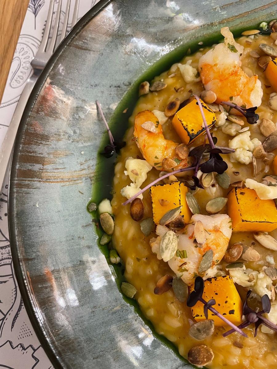 Butternut Squash Risotto with Shrimp and Pepitas