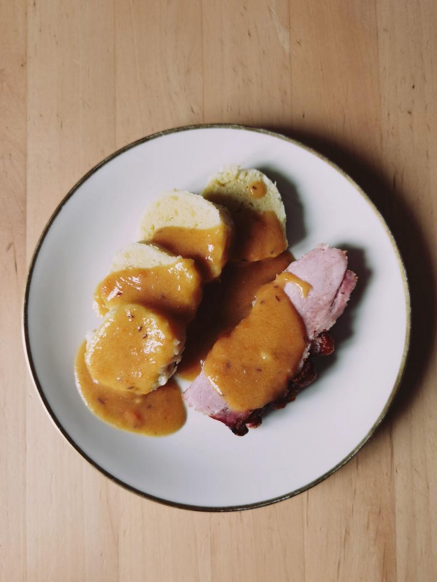 Roast Pork Loin with Bread Dumplings and Caraway Gravy